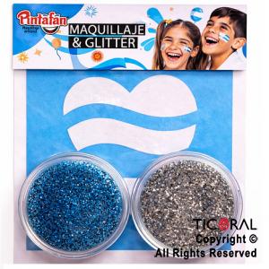 KIT MAQUILLAJE ARTISTICO PATRIO GLITTER CELESTE Y PLATA (BLISTER X 2 UNID - 4 GR) + STENCIL